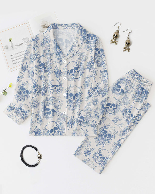 Blue Skull And Flowers All Over Print Pajamas