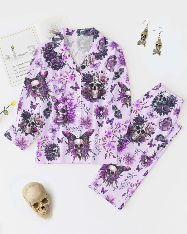 Purple Skull & Flowers All Over Print Button Pajamas