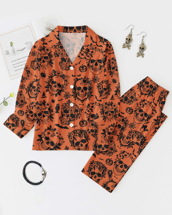 Halloween Skull And Flowers All Over Print Button Pajamas